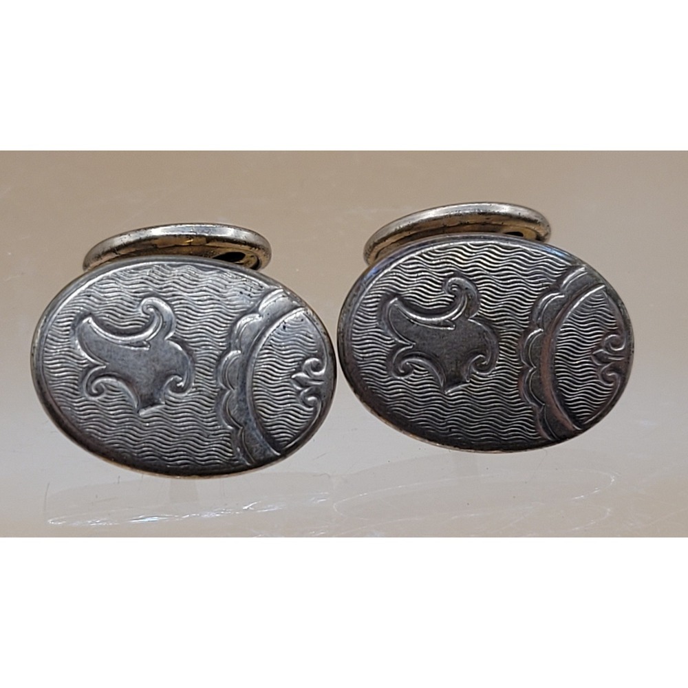 Vintage Antique Etched Oval Cufflinks Fleur De Lis Scroll Gold Plate